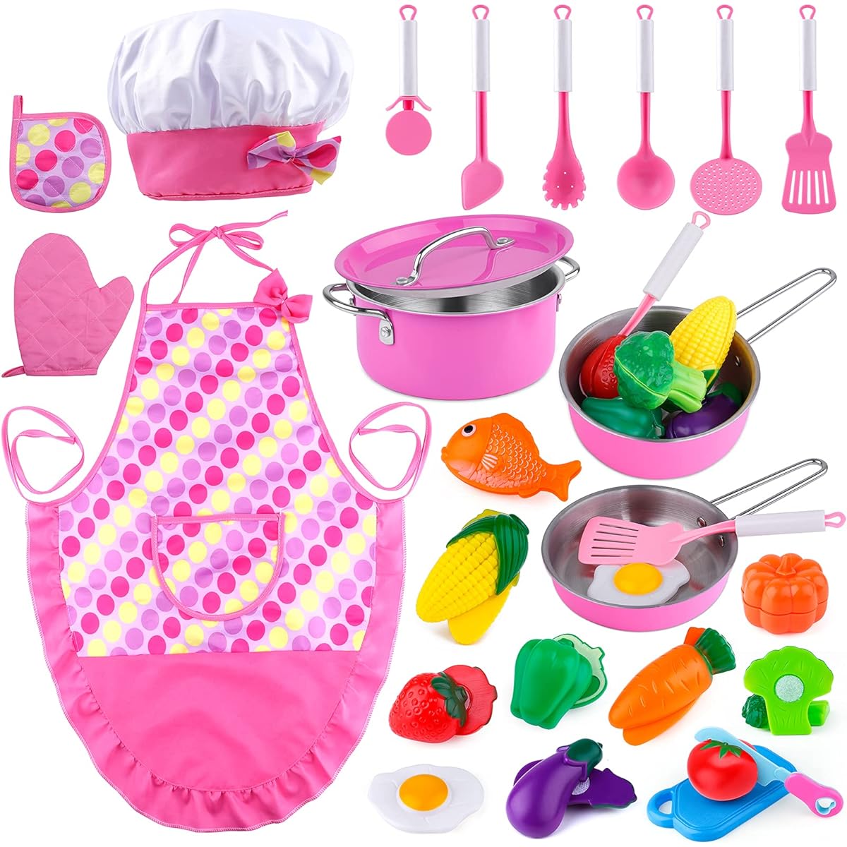 INNOCHEER Kids Play Food Kitchen Cooking Play Set, 26 Pieces Kids Kitchen Playset Accessories Chef Hat Apron Dress Up Toddler Cooking Chef Costume Set for Ages 3 4 5 6 Girls Boys