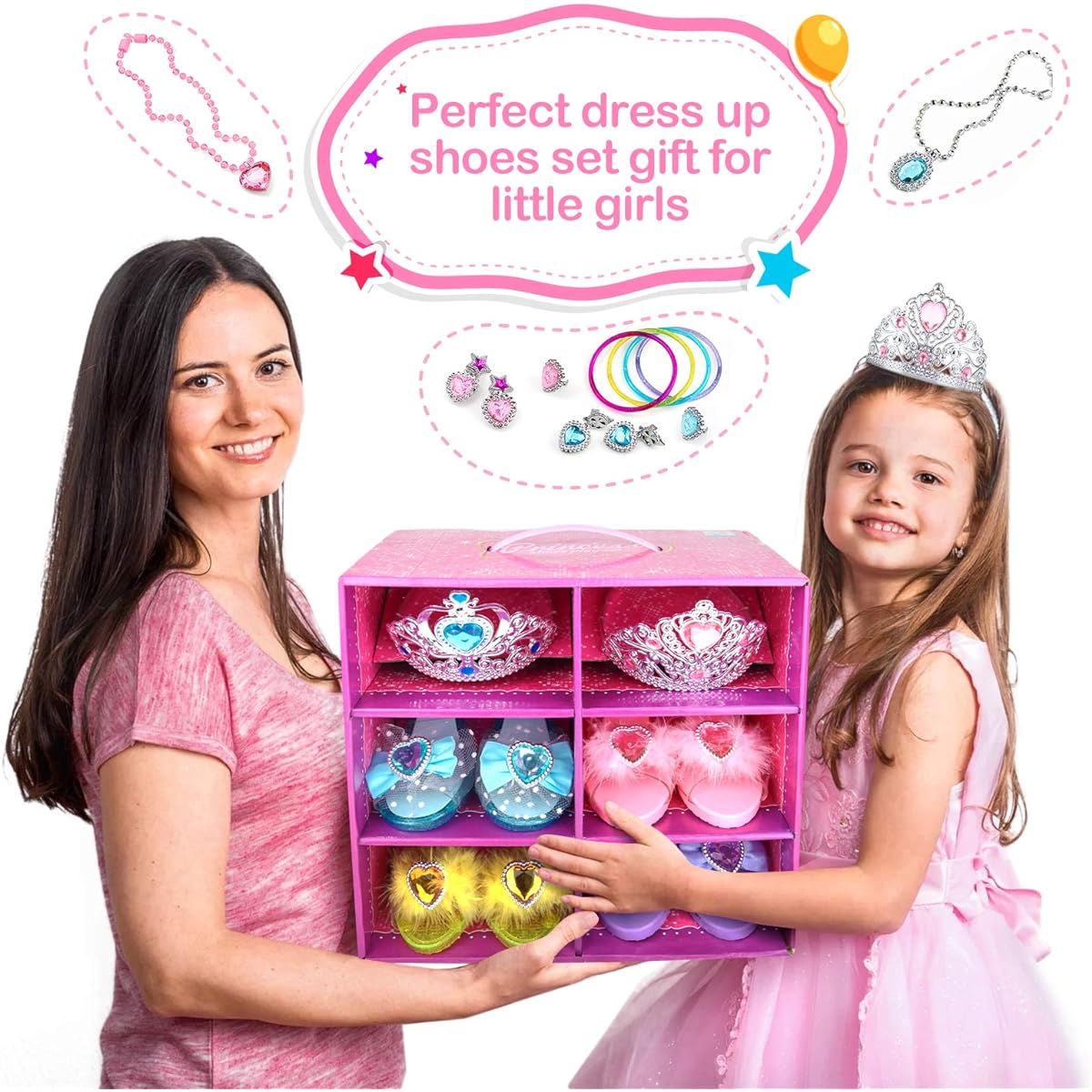 Teuevayl Girls Princess Dress Up Shoes Jewelry Boutique Princess Role Play Shoes Collection Set 4 Pairs Shoes Princess Jewelry Accessories for 3 4 5 6 Year Old Little Girls