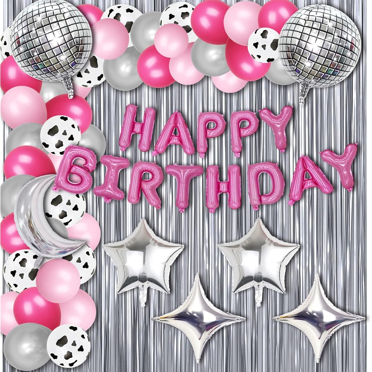 Refavor Disco Birthday Party Decorations - 60 Pieces Western Disco Party Decorations Pink Silver Background Disco Ball Hot Pink Happy Birthday Balloons Decoration Birthday Decoration Supplies Cowgirl Women