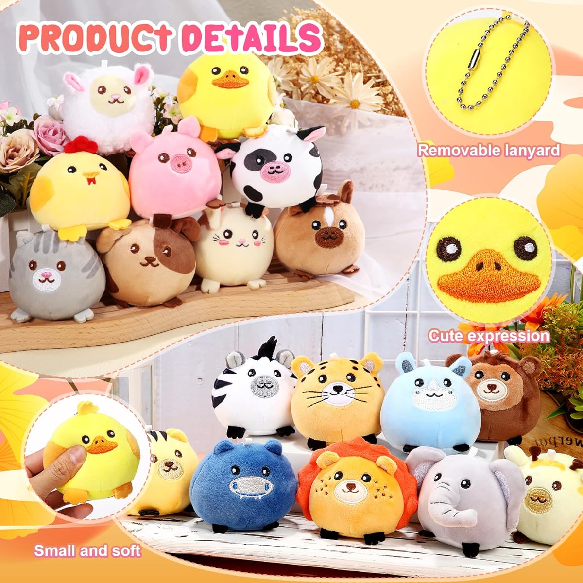 Halloscume 18pcs Mini Stuffed Animals 3.15'' Plush Bulk Forest Farm Jungle Animal Toy Keychain Set Christmas Tree Hanging Decoration Baby Birthday Gift Party Favors