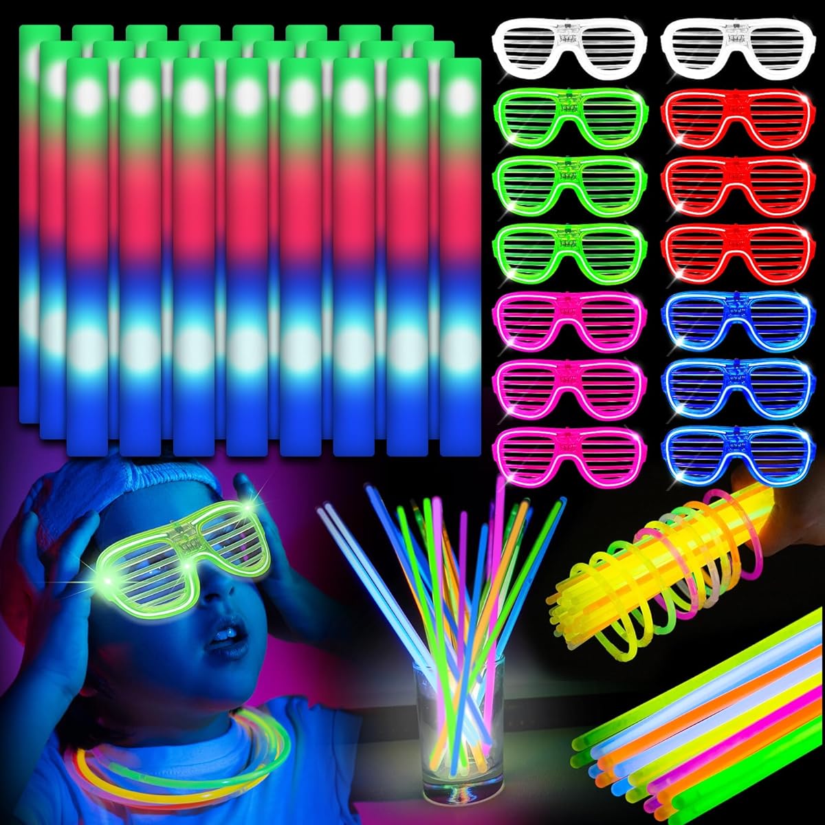 Glow Party Supplies 140pcs Foam Glow Sticks 26pcs LED Glasses 14pcs Glow Sticks 100pcs Perfect for Various Glow Party Events like Christmas/Halloween/Easter/Wedding Party