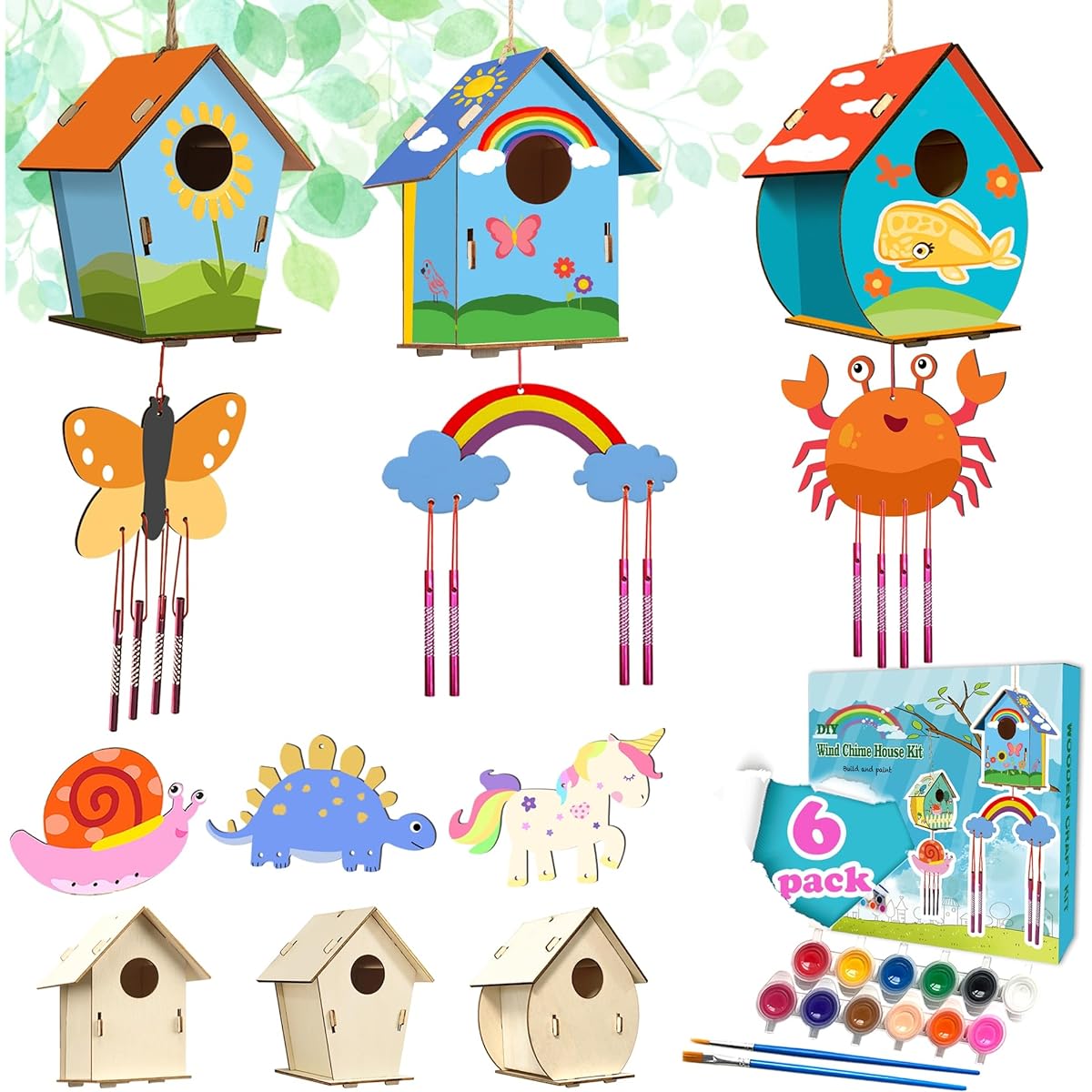 OLLIDOT Birdhouse Kit for Kids DIY Birdhouse Wind Chime Kit to Assemble and Paint, Paints & Brushes Included, Wooden Craft Kit for Kids Girls Boys Toddlers 4-8 Years 8-12 Years