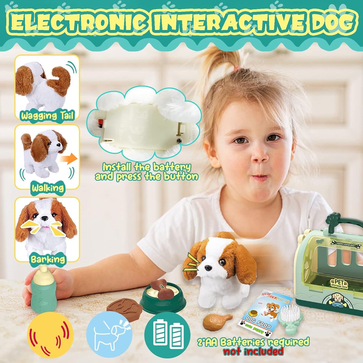 TEUVO Pet Care Bait Set for Kids, 12 Pieces Kids Pretend Play Pet Toys with Stuffed Dog & Carrier Case, Birthday Christmas Role Play Gift for Girls Boys 3 4 5 6 7 Years Old