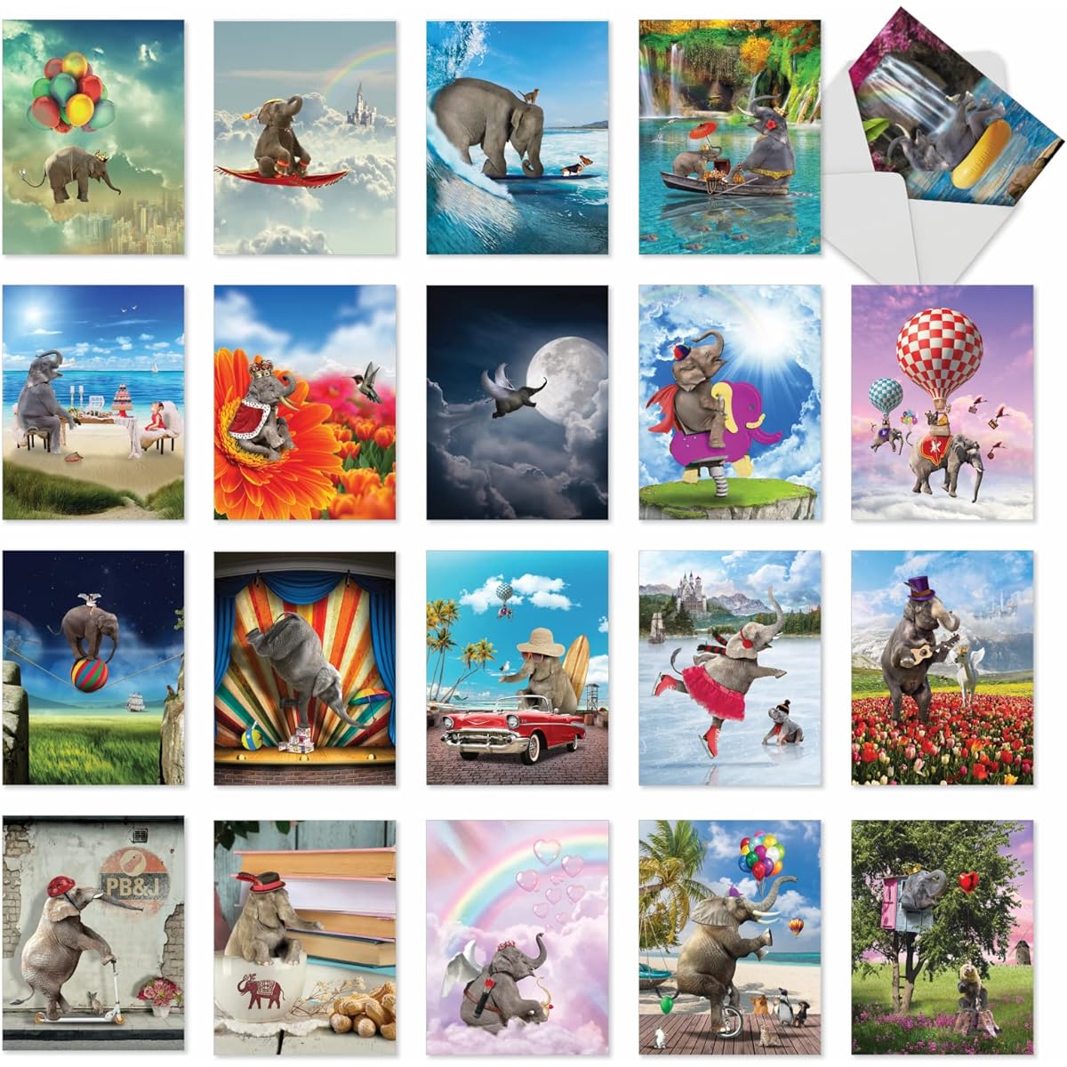 The Best Card Company Bulk Box Set of 20 Assorted Thank You Note Cards 4 x 5.12 Inch with Envelopes (20 Designs, 1 of Each) Elefantasy Adventures AM10307TYG-B1x20