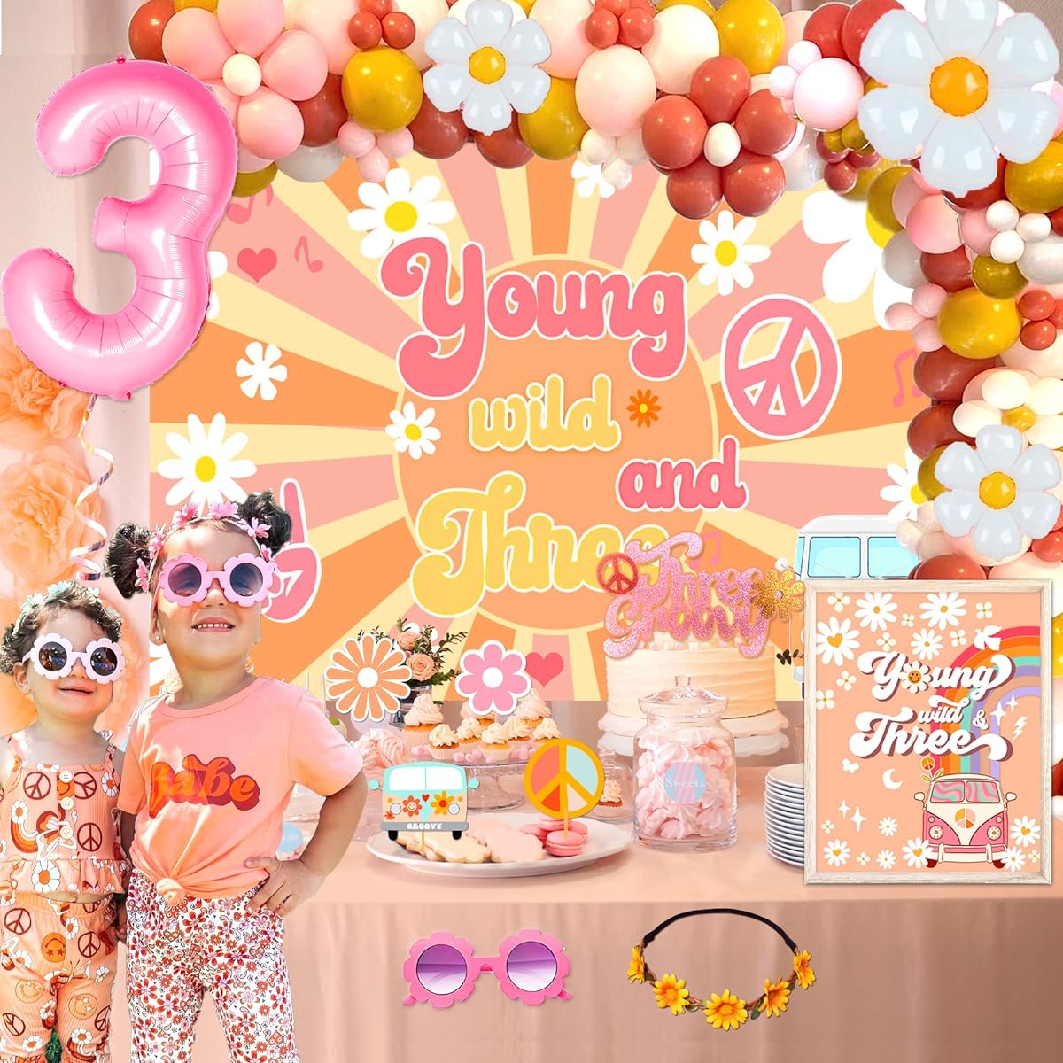98pcs Young Wild Three Decorations Girls 3 Groovy Birthday Party Decorations Groovy Balloon Arch Backdrop Groovy Three Cake Topper Groovy Sunglasses Groovy Birthday Party Decorations Hippie 3rd Birthday Party Decorations Girls 3rd Birthday Decorations