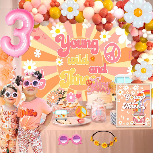 98pcs Young Wild Three Decorations Girls 3 Groovy Birthday Party Decorations Groovy Balloon Arch Backdrop Groovy Three Cake Topper Groovy Sunglasses Groovy Birthday Party Decorations Hippie 3rd Birthday Party Decorations Girls 3rd Birthday Decorations