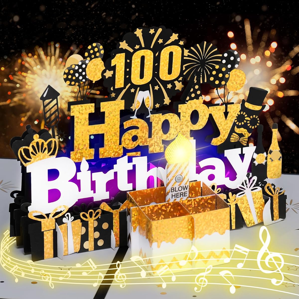 Birthday Cards 100th Music Birthday Card with Lights Blow Out Candles 3D Birthday Pop Up Cards Blow Out LED Light Candle Happy Birthday Music Greeting Card for Men and Women - Black Gold