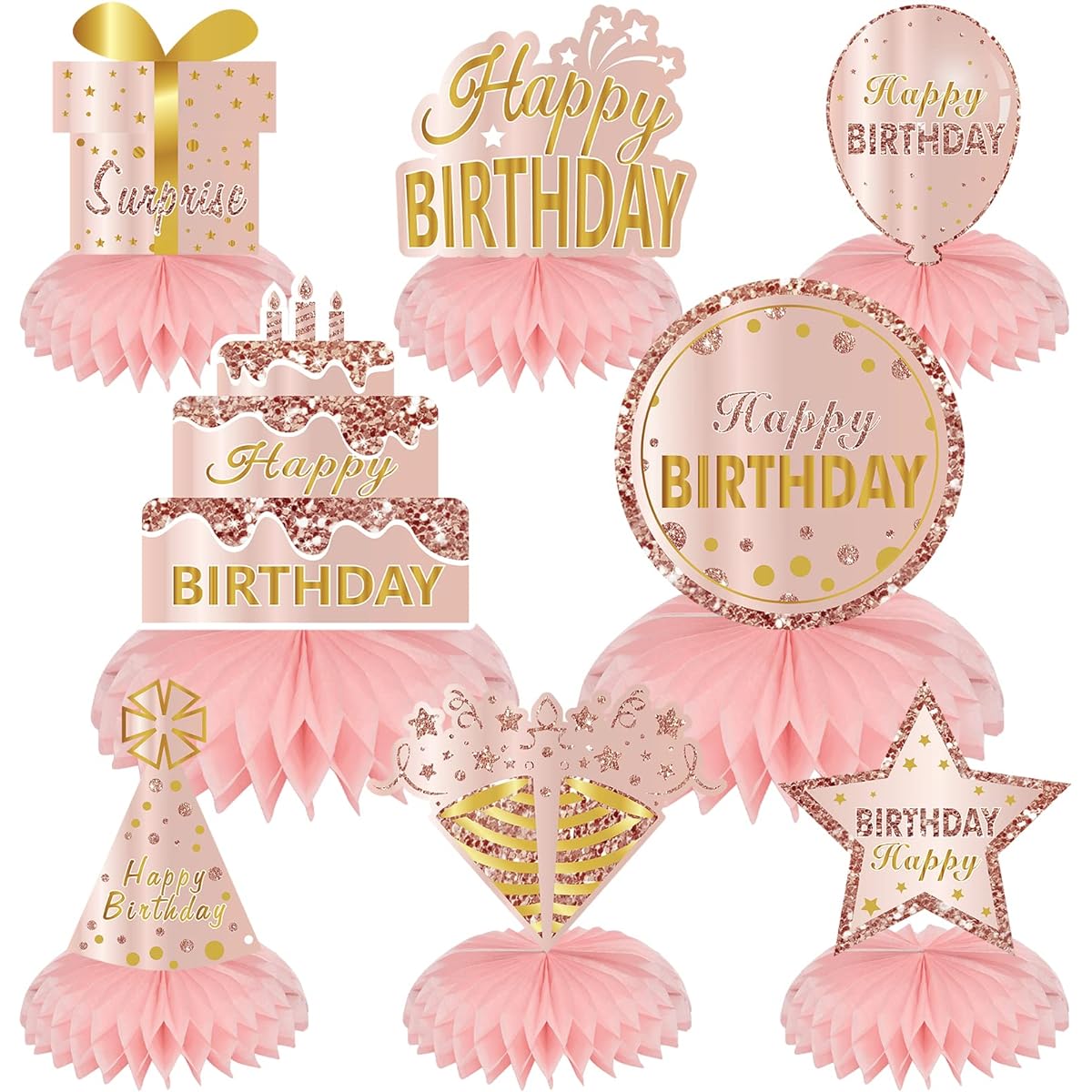 Pink Rose Gold Birthday Honeycomb Centerpiece Decorations for Women Girls 8 Pieces Rose Gold Happy Birthday Table Centerpieces Party Supplies 10th 16th 21st 30th 40th 50th 60th Birthday Table Topper Sign