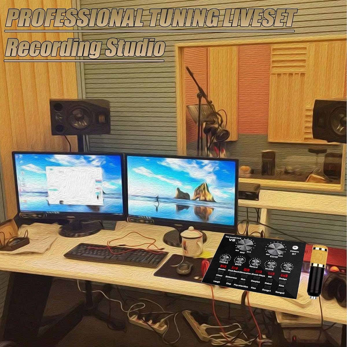 BM-800 Microphone Kit with Live Sound Card, Condenser Microphone Bundle, Adjustable Mic Suspension Scissor Arm, Live Sound Card with Effects and Voice Changer, for Studio Recording and Broadcasting, etc. DDF