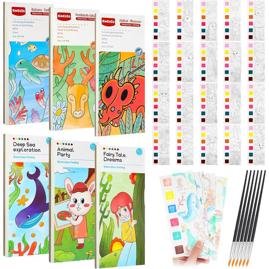 6 Pieces Pocket Watercolor Painting Book for Kids DIY Making Art Toy Supplies with Water Painting Book for Kids Artist Beginners Improve Children's Creativity and Concentration 6 Themes