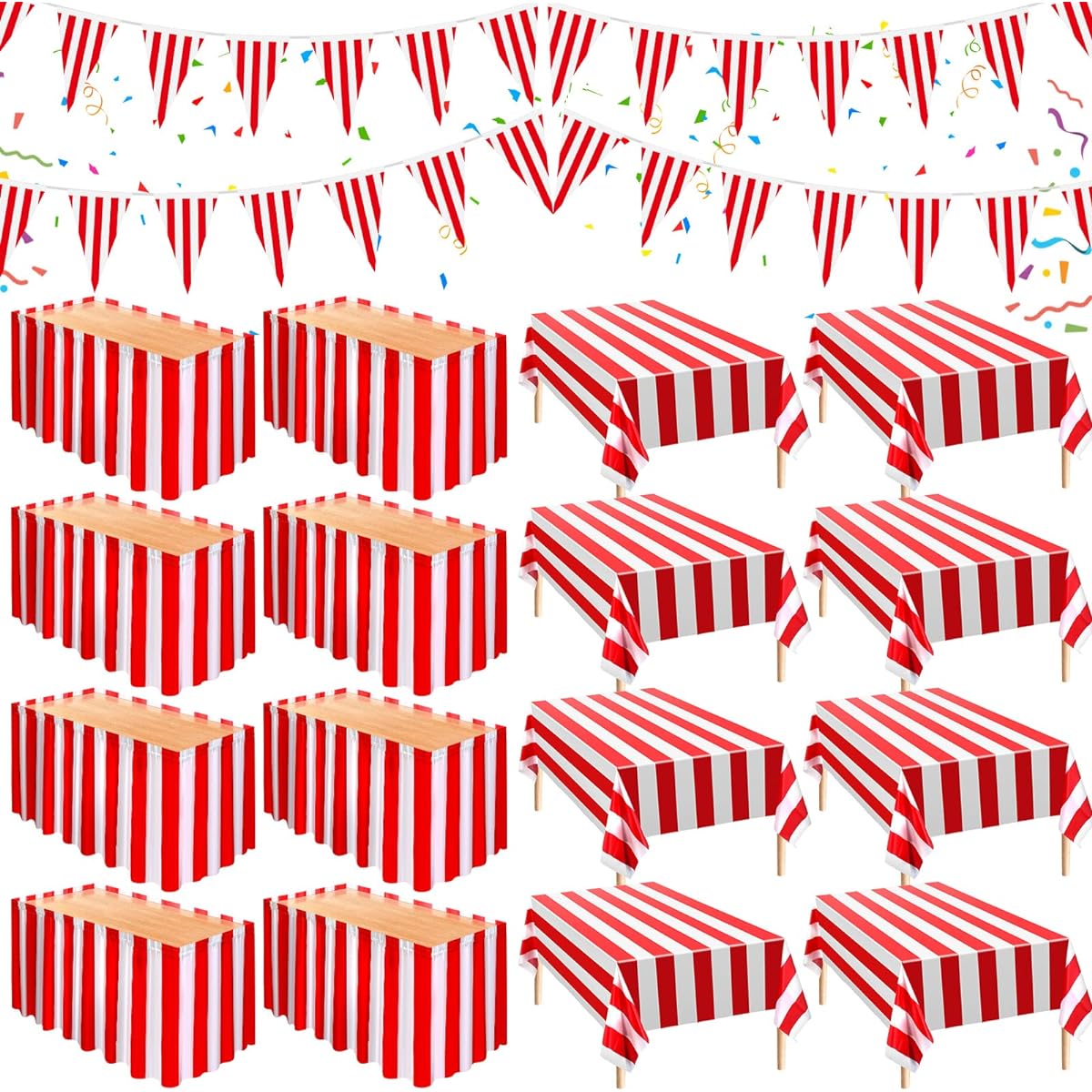 Carnival Theme Party Decorations Circus Decorations Carnival Table Skirt Carnival Tablecloth Red White Stripes Pennant Banner Circus Carnival Bunting Banner for Carnival Circus Decorations (20)