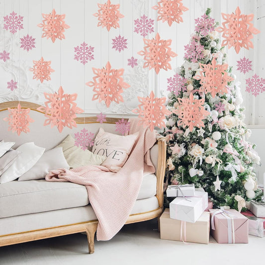 42 Pieces Winter Christmas Party Decorations 3D Snowflake Hanging Decorations Set, 3D Hanging Snowflake Decorations Pendants for Christmas Winter Party New Year Home Decorations (Pink, 2", 3", 3.9")