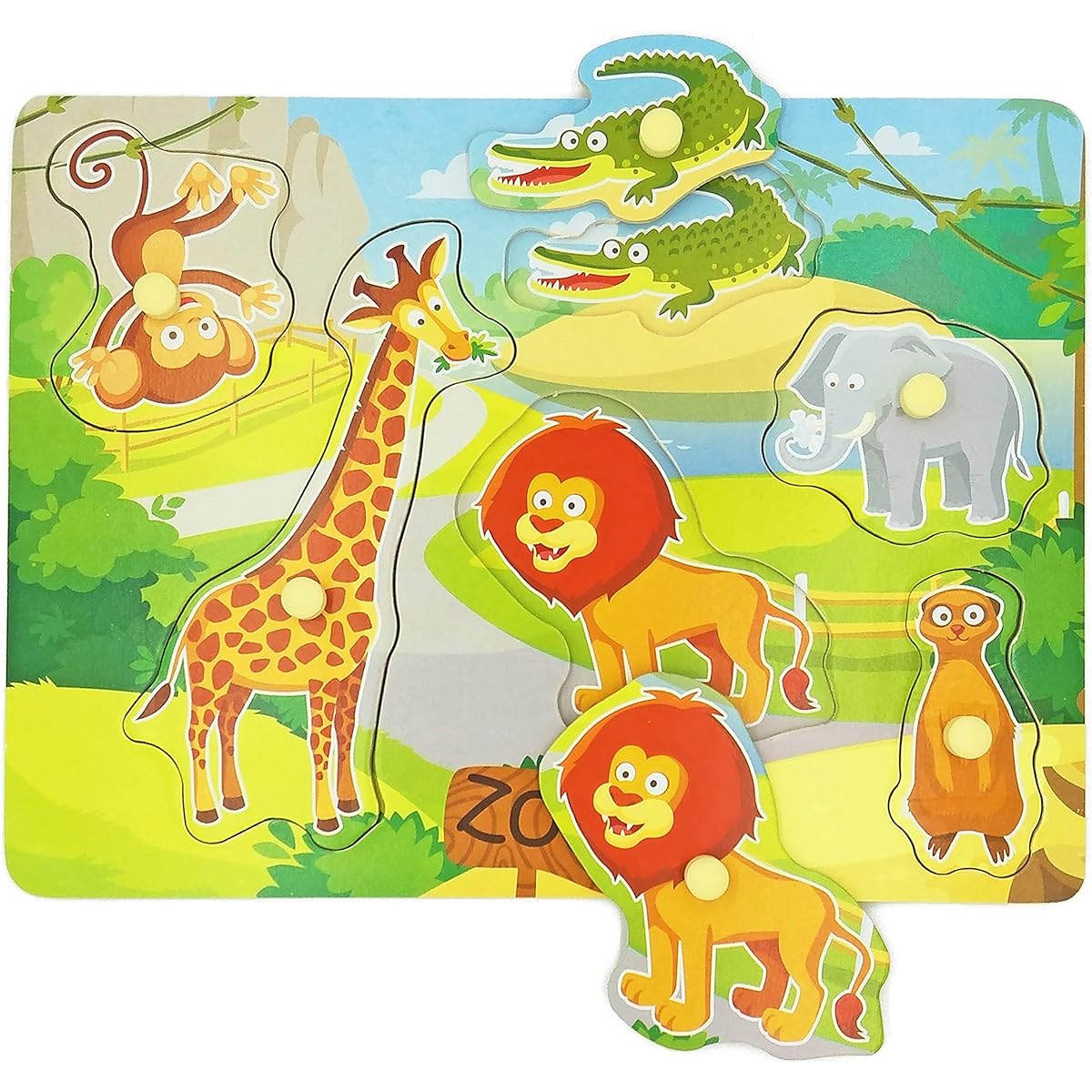 Wooden Peg Baby Puzzle Full Color Photo Animal Shape Chunky Puzzle Jumbo Knob Zoo Puzzle for Toddlers 18 Months and Up 6 Pieces