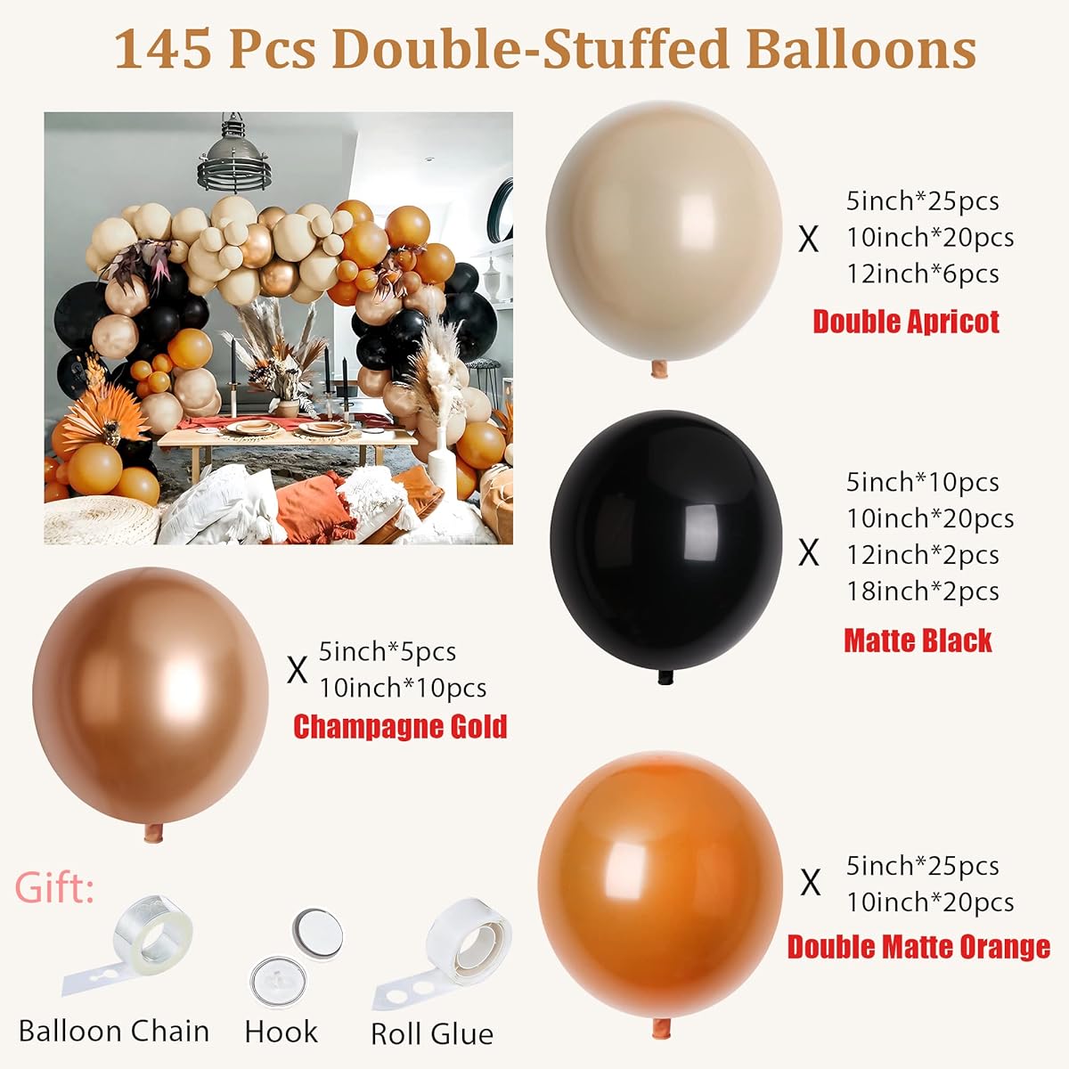 Terracotta Balloon Garland Kit, 145pcs Burnt Orange Balloons, Double Rust Balloons, Black Balloons and Pastel Peach Balloons for Baby Shower, Bridal Wedding Party, Birthday Decorations