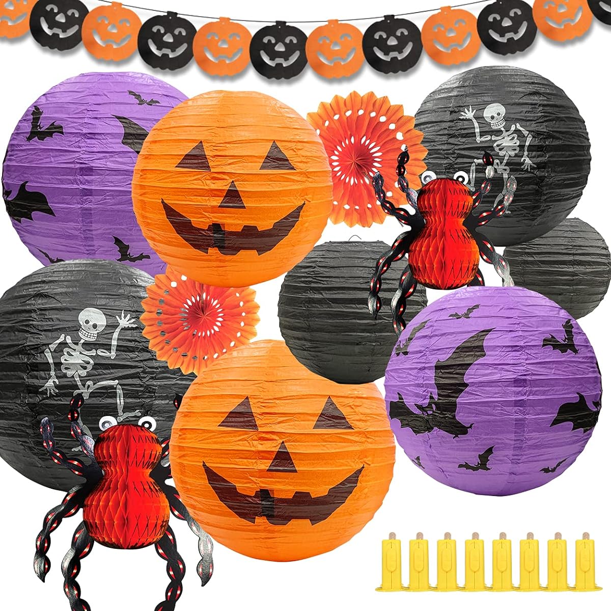HOPEMATE 21pcs Halloween Decorations Paper Lanterns with LED Lights Party Supplies Set Skeleton Bats Hanging Spider Paper Fans Pumpkin Banner Spooky Indoor Outdoor Home Decorations(Orange, Black, Purple)