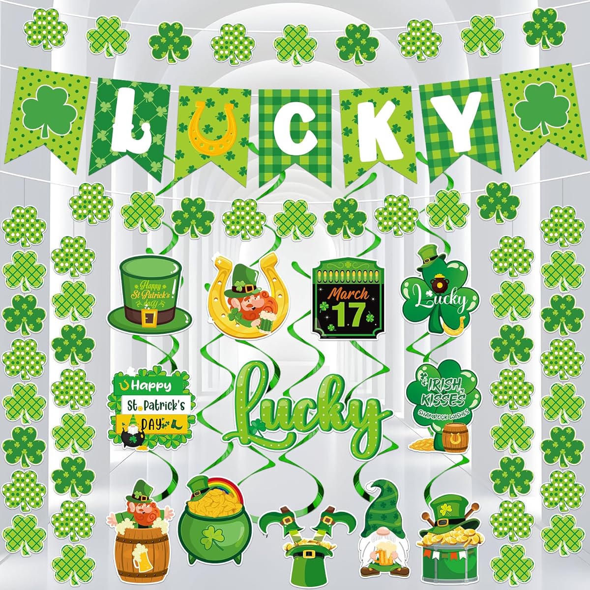 Wiooffen 31pcs St. Patrick's Day Decorations Shamrock Hanging Swirls Pre-assembled Clover Banner Garland Kit Lucky Irish Hanging Streamers St. Patrick Party Supplies Home Ceiling Wall Decor