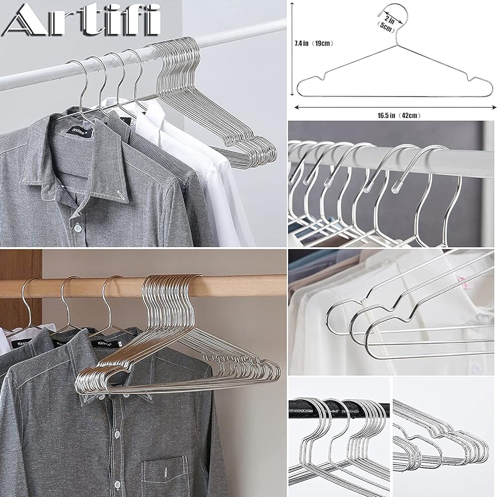 Artifi Hangers, Stainless Steel, Non-Slip, Stainless Steel Hangers, 100 Pieces, Laundry Hanger, Space Saving, For Both Dry and Wet Use, Hanger, Sturdy, Rust-resistant, Prevents Deformation, Durable, Easy to Store, Width 42cm