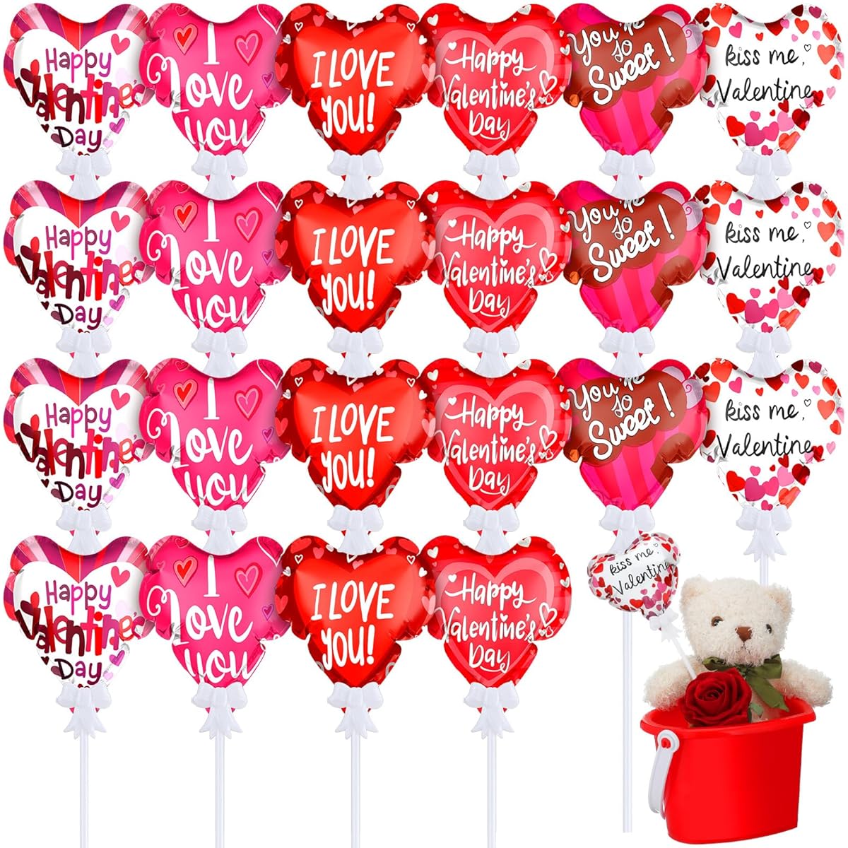 Gemscream 24pcs Valentine's Day 4 Inch Self-Inflating I Love You Balloons Self-Inflating Valentine's Day Heart Balloon with Ribbon Mini Balloon with Stick Wedding Birthday Party Supplies