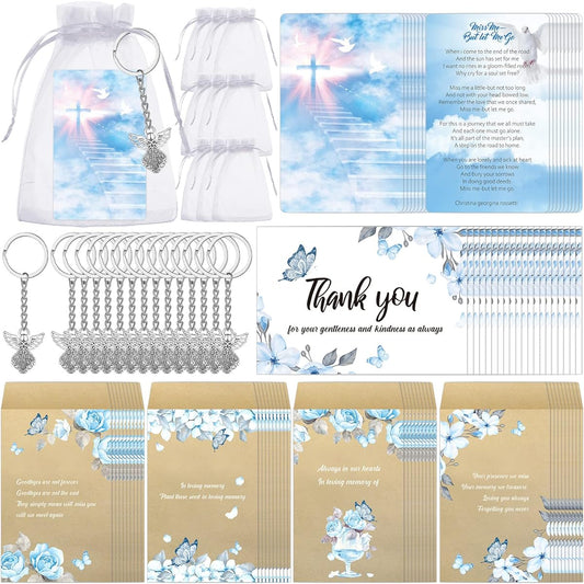 180 Pack Funeral Favors Set 36 Silver Angel Keychains 36 Self Stick Craft Seed Envelopes 36 Celebration of Life Cards 36 Thank You Cards 36 Organza Gift Bags Funeral Favors Guest Return Gift
