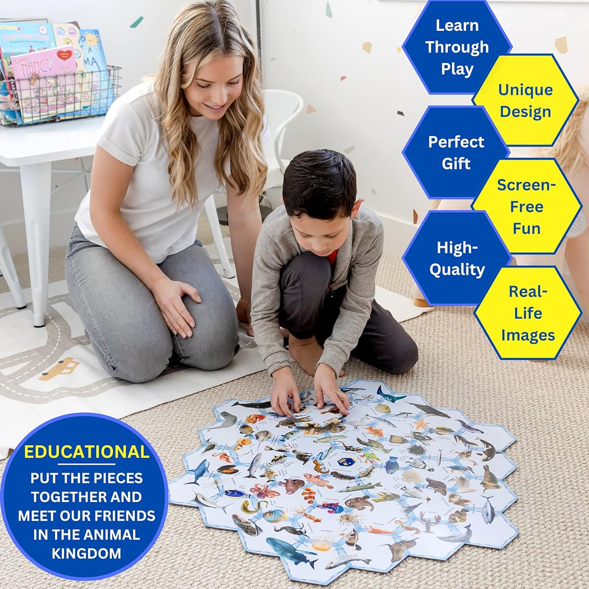 Educational Double-Sided Floor Puzzle for 3-5 4-8 Year Olds, Unique Hexagon Shapes with Realistic Images and Words, Fun Preschool Learning Activity - 180 Land and Water Animals (37 Pieces, 26"x29")