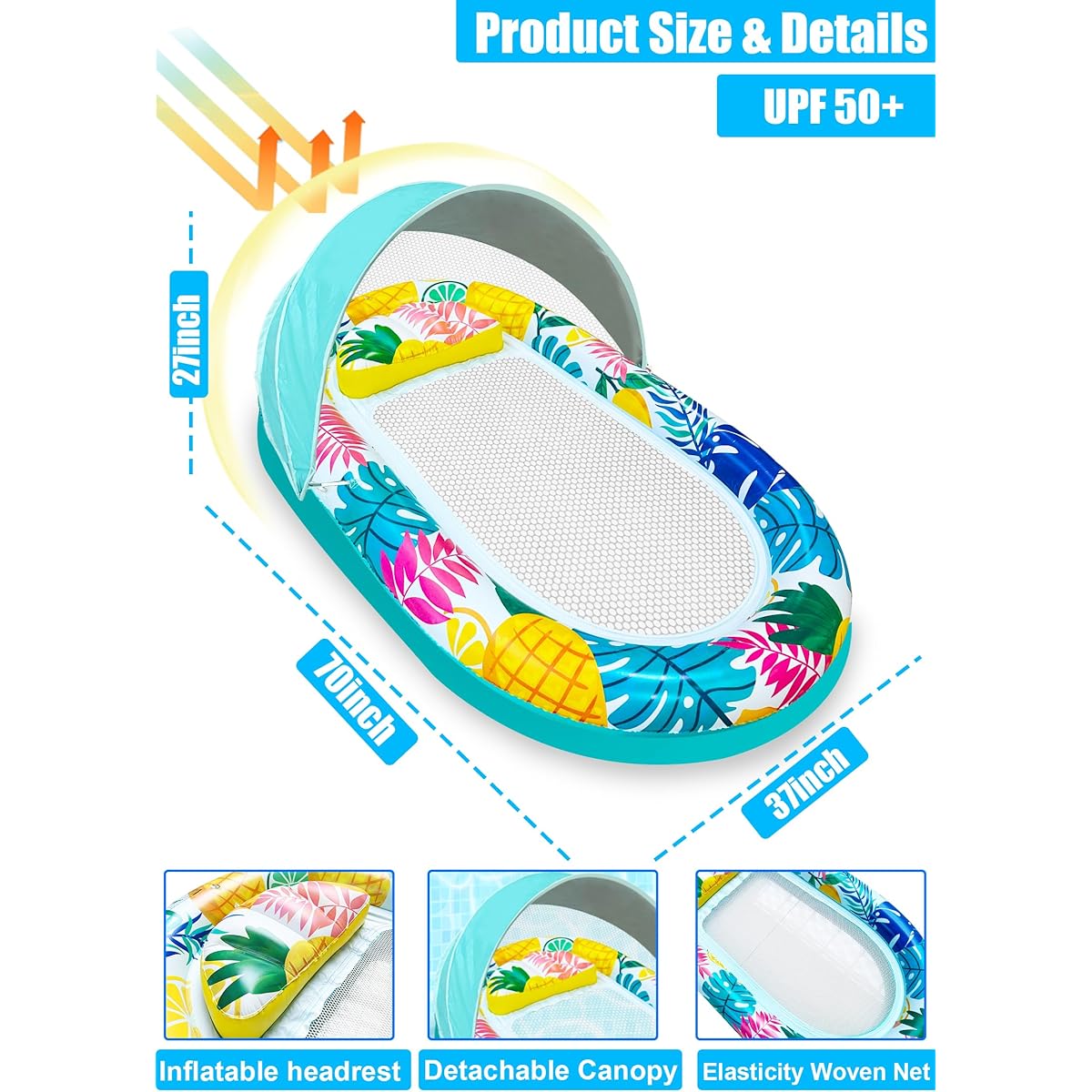 [Extra Large] Inflatable Pool Float 70"x37" for Adults with Headrest & Removable Canopy UPF50+ Sun Bath Tub Pool Float Floating Chair