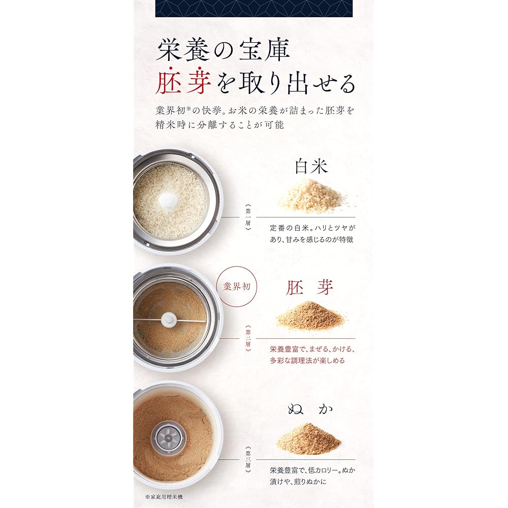 Yamamoto Electric Home Rice Milling Machine, Extreme Germ YE-RC21A-WH, White Separates into white rice, germ, and bran while milling.