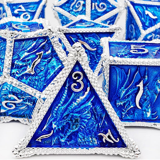 MJDICEOK Dragon Metal Dice Set DND 7 Set Dice Role Playing Dice D&D Dungeons & Dragons (Silver Blue)