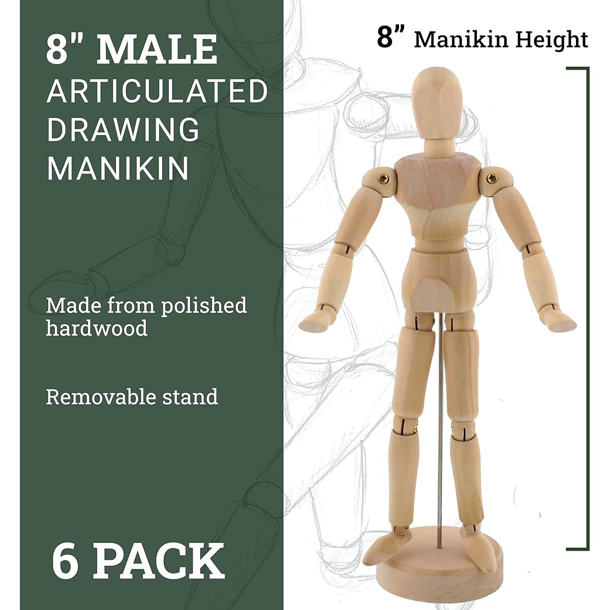 US Art Supply Wood 8 Artist Drawing Manikin Articulated Mannequin with Base and Flexible Body - Perfect For Drawing the Human Figure (8 Male) Pack of 6 Manikins