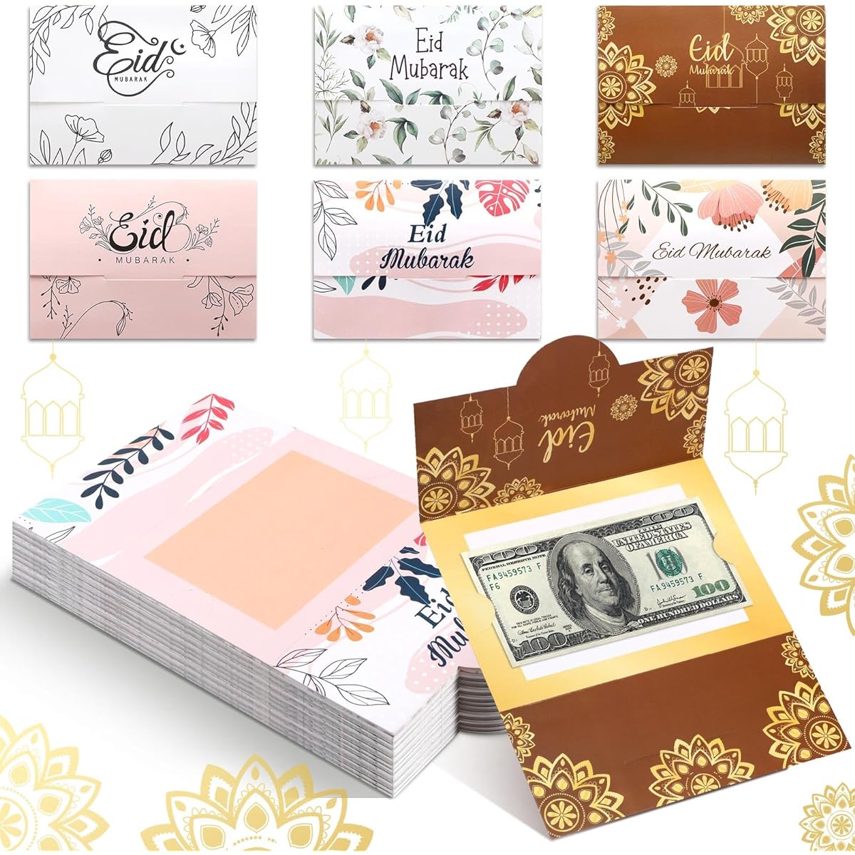 Janlaugh 48pcs 2 in 1 Eid Mubarak Gifts & Money Card Holder, Eid Al Adha Money Cards Money Holder, Eid Mubarak Greeting Card Envelopes, Eid Ramadan Celebration Party Supplies