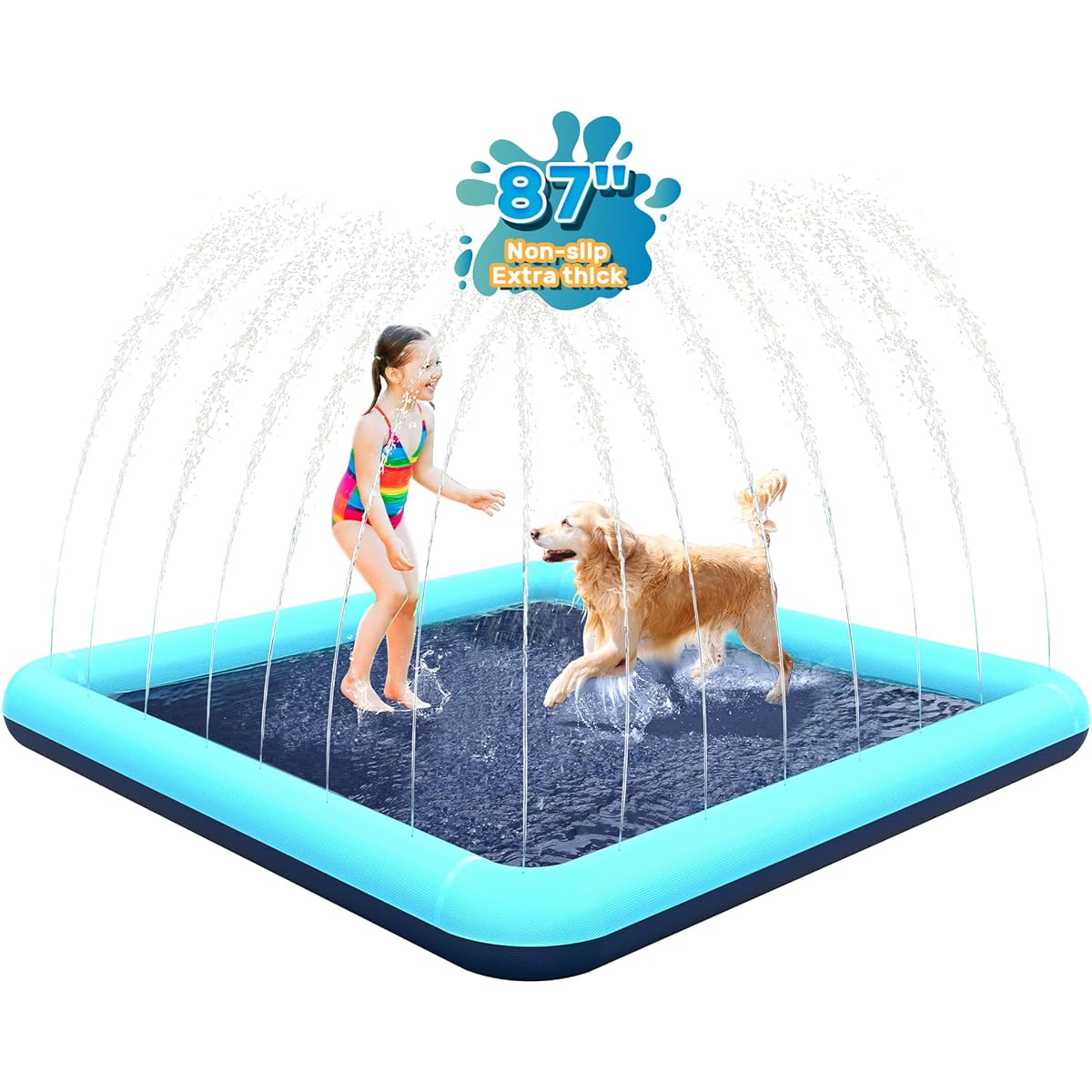 Bilibara 87 Inch Dog Splash Pad, Anti-Slip Sprinkler for Kids, Square Splash Pad for Kids 4-8 Years Old, Splash Pad for Toddlers 1-3 Years Old, Sprinkler Shallow Pool for Dogs, Outdoor Water Toys for Backyard, Teal