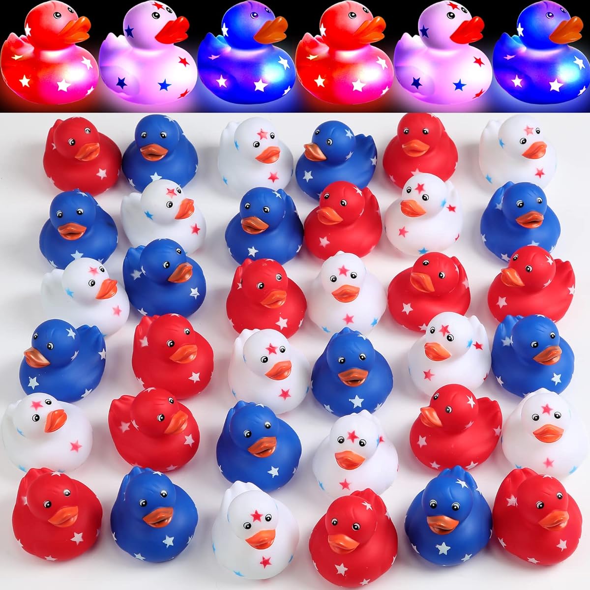 Jerify 2" Rubber Ducks Mini Ducks Bulk Baby Shower Decorations Cute Light Up Rubber Duckies Blue Red White Little Ducks for Bath Birthday Gifts Summer Beach Pool Activities (24pcs)