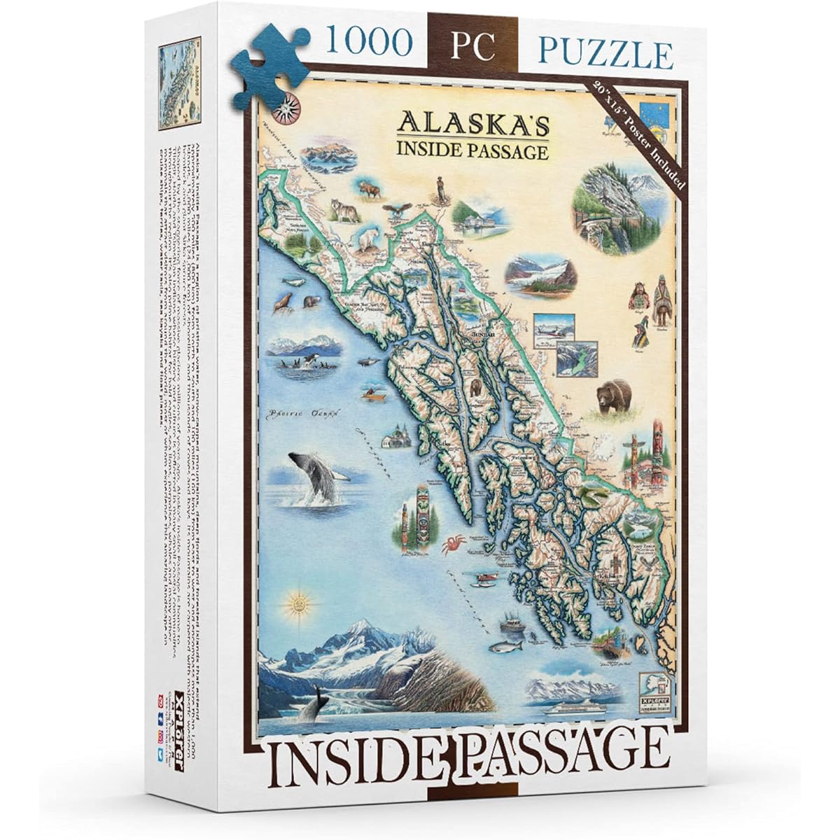 Alaska Inside Passage Map Cardboard Jigsaw Puzzle - 1000 Piece Hand-Painted - Educational Family Activities Ages 7+ Includes Poster - 25.4 x 19.8
