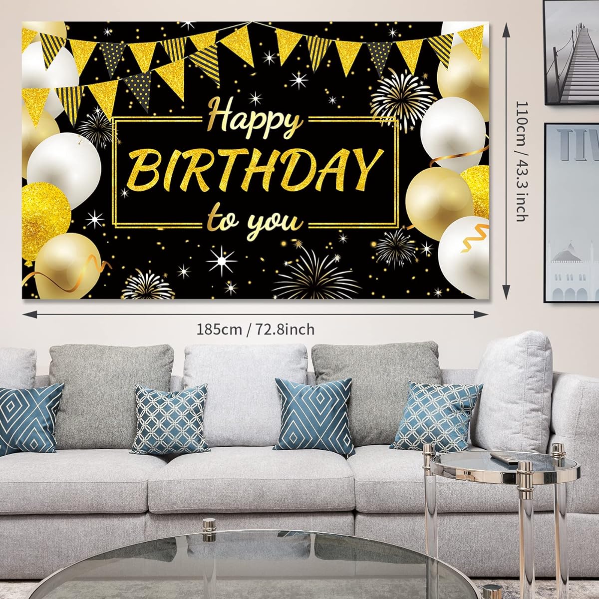 Happy Birthday Decorations Backdrop Banner Birthday Party Decorations Sign Photo Backdrop for Boys Girls Men Women Party Supplies 72.8 x 43.3 inches (Black and Gold)