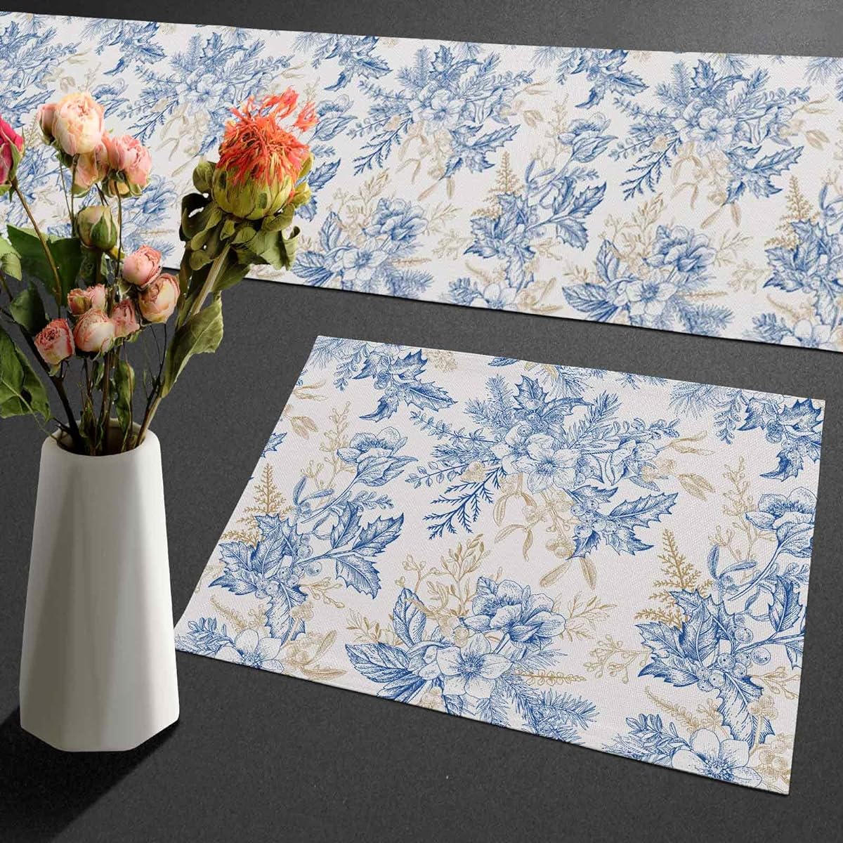 Llsty Blue Flower Table Runner Placemats Set of 6 Blue & White Porcelain Linen Burlap Placemats Cloth Dining Mat Set Floral Table Mat Set with Table Runner Washable 70" Length