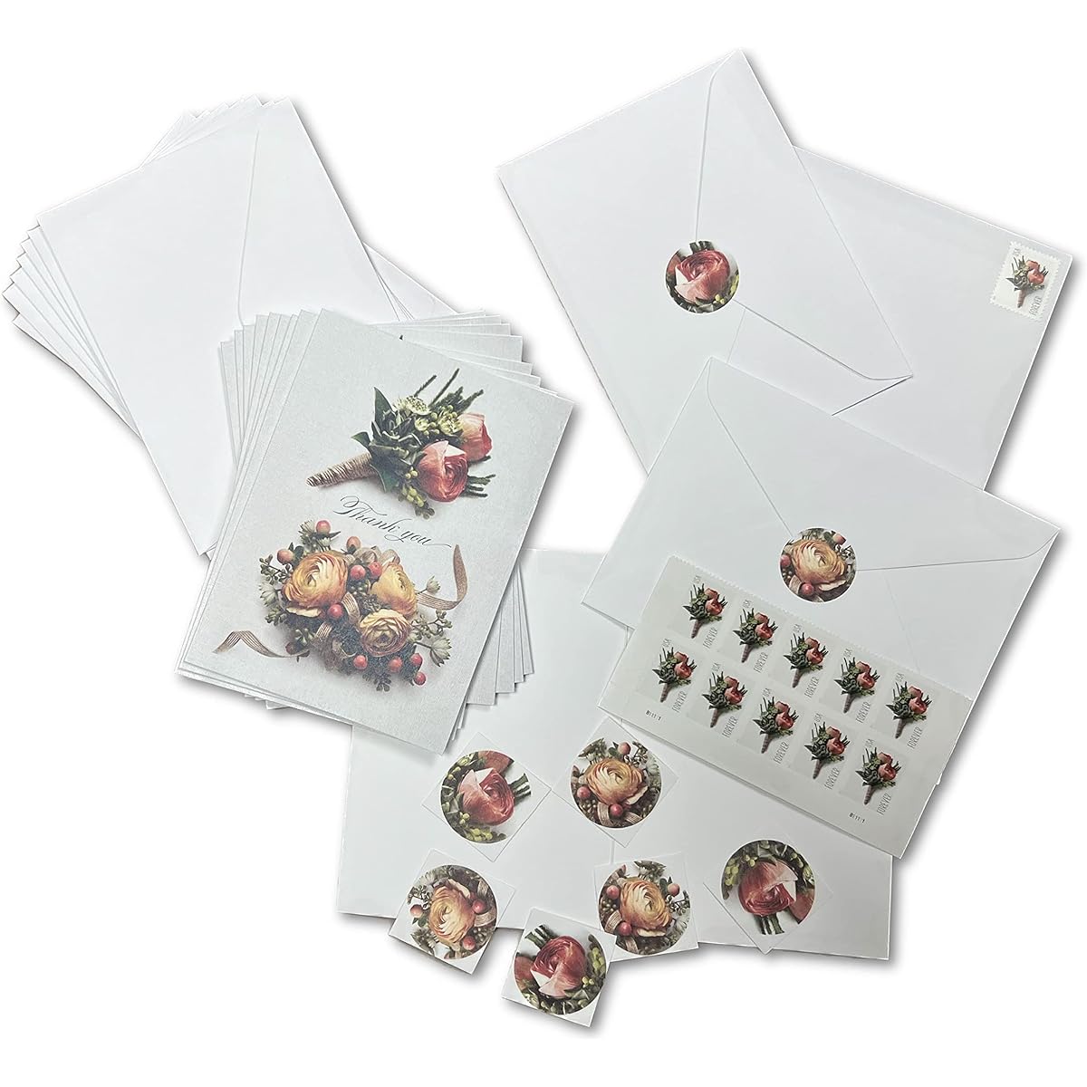 IM Customized Celebration Boutonniere & Celebration Corsage Thank You Note Card Envelope Seal Forever Stamp (10 Sets)