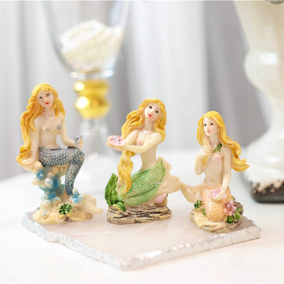 Ebros Whimsical Sea Blonde Hair Mermaid and Colorful Tail Sitting Small Dollhouse Miniature Figures Set of 3 DIY Fairy Garden Mermaid Fantasy Collection Home Decoration