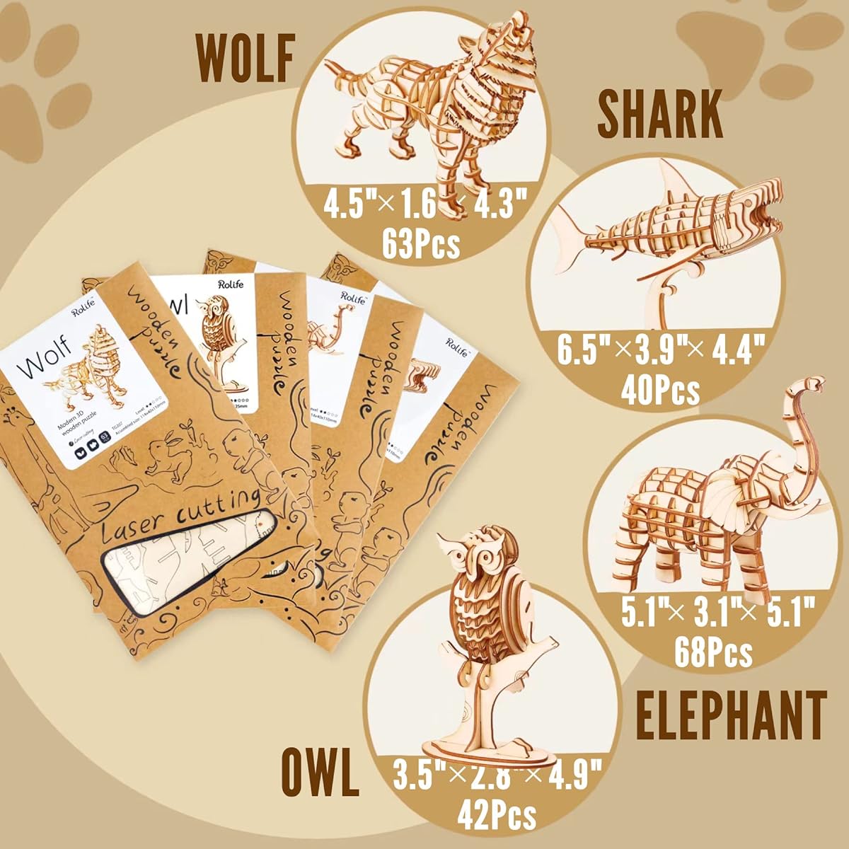 Rolife 3D Puzzles for Adults, STEM Projects for Kids Ages 8-12, Toy Gifts for 8 Year Old Boys and Girls, Animals DIY 3D Wooden Puzzle