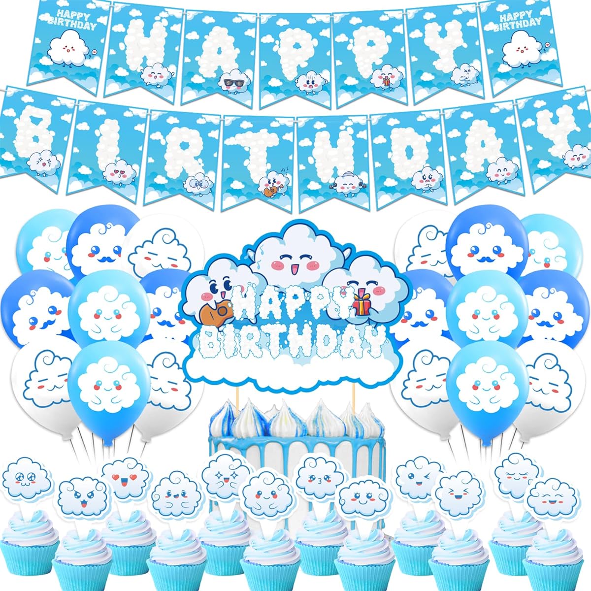 White Cloud Party Decorations Cloud Birthday Party Supplies Blue Sky White Cloud Happy Birthday Banner Cake Topper Cupcake Topper Balloons Birthday Party Cloud Baby Shower Decorations