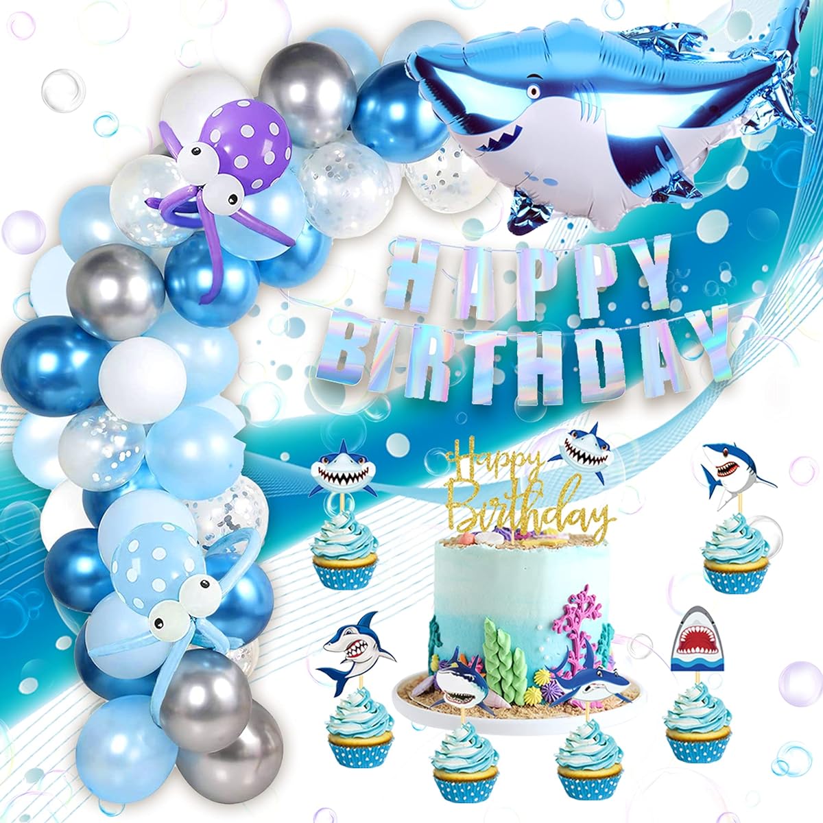 Liliville Shark Party Decorations Supplies - Blue Silver Balloon Garland/Arch Kit with Foil Shark Balloons Birthday Banner Cake Topper Cupcake Toppers for Baby Shower Kids Birthday Party Shark Party Under The Sea Party Boys Party 126pcs(Blue)