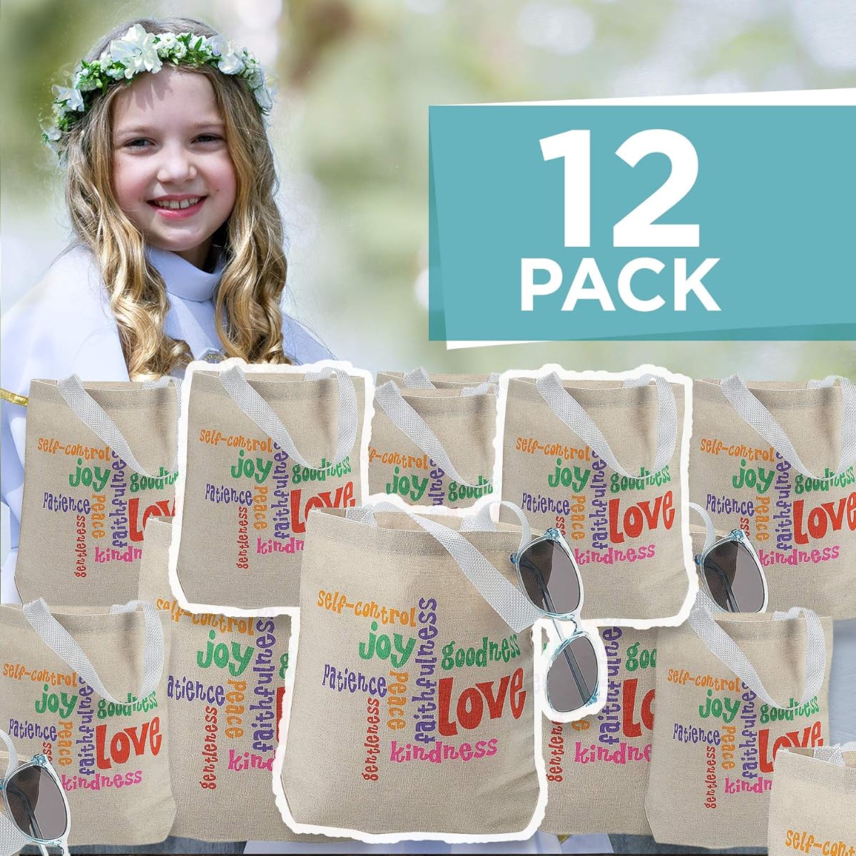 Fun Express Fruit of the Spirit Tote Bags Set of 12 Church Welcome & Gift Bags & Religious Supplies, Multicolor, Small