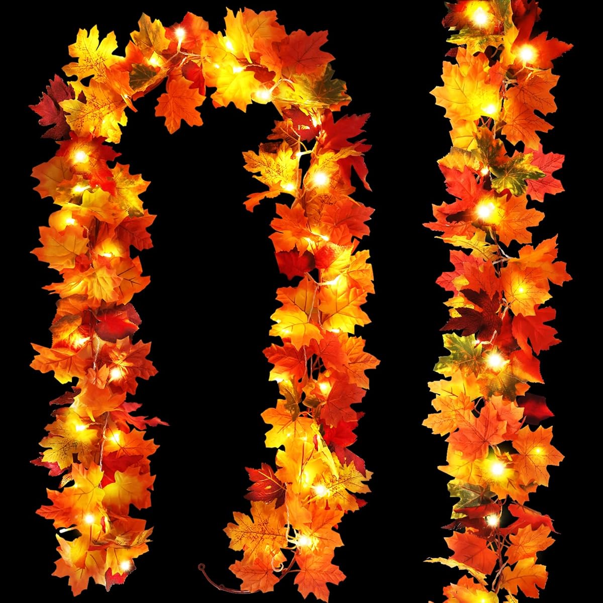 JPSOR 2 Pack 7.5ft Fall Garland with 10ft 40 LED String Lights, Autumn Leaves Garland, Artificial Fall Leaves Vines for Indoor/Outdoor/Home/Halloween/Harvest/Fall Decorations
