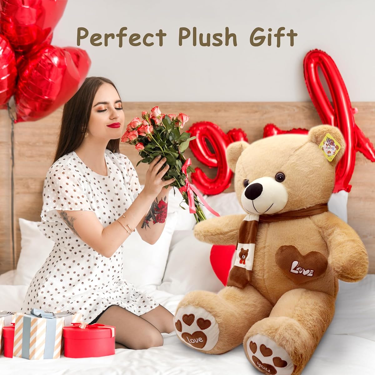 Gudisi Teddy Bear Plush Toy 31 Inch Giant Teddy Bear with Scarf and Love Heart Valentine's Day Gift for Kids Girlfriend Boyfriend, Light Brown