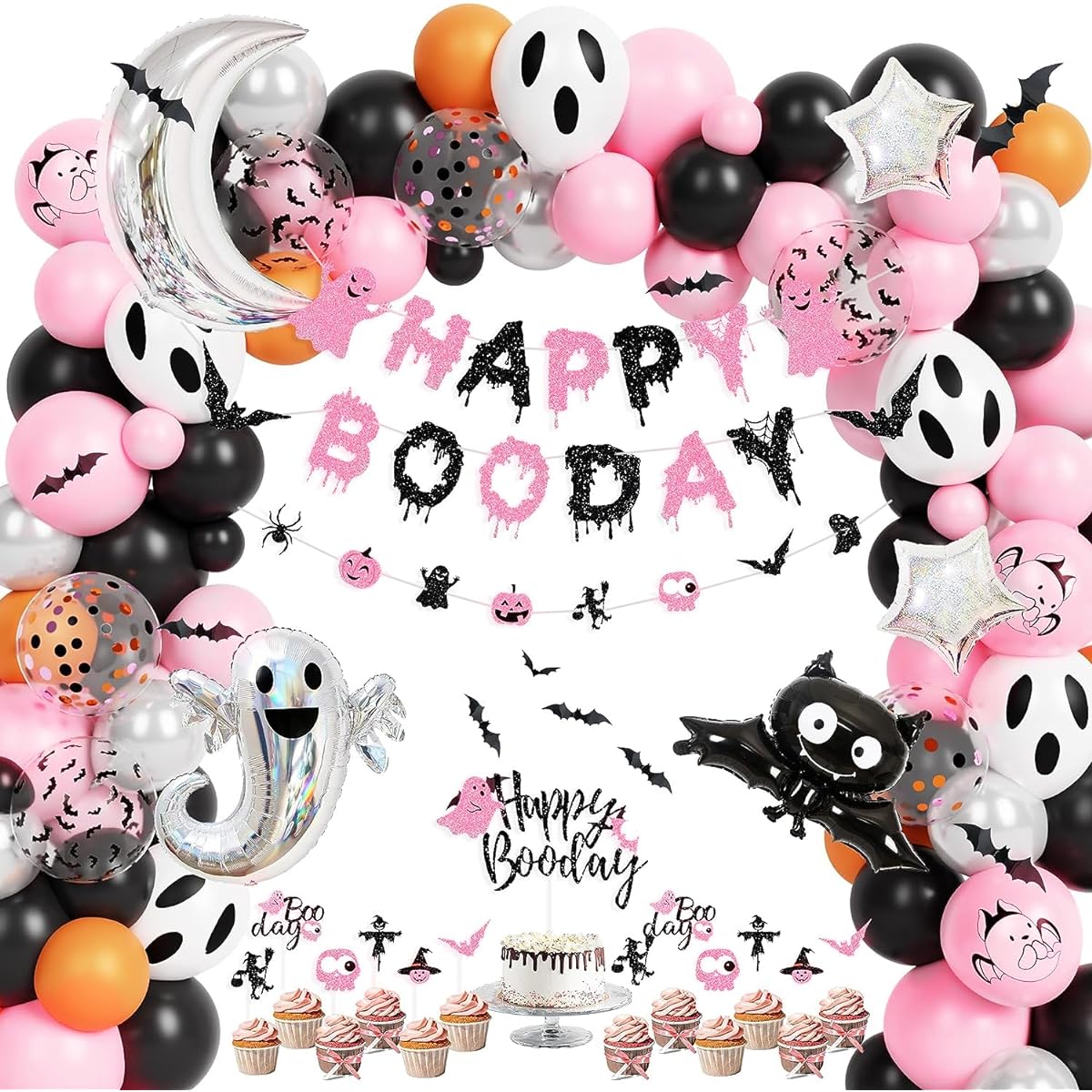 Amandir Pink Black Halloween Birthday Party Decorations for Girls Boys,Happy Boo Day Banner,Halloween Balloons Garland,Ghost Cake Topper,3D Bat Stickers,Halloween Scary Theme Baby Shower Supplies