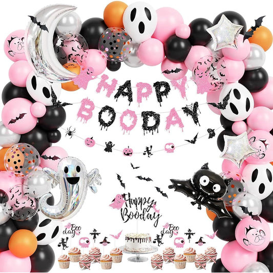 Amandir Pink Black Halloween Birthday Party Decorations for Girls Boys,Happy Boo Day Banner,Halloween Balloons Garland,Ghost Cake Topper,3D Bat Stickers,Halloween Scary Theme Baby Shower Supplies