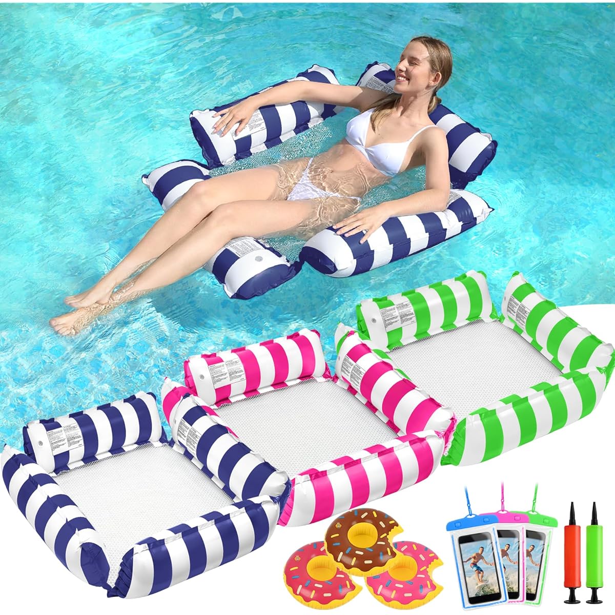 Inflatable Pool Float for Adults 4-in-1 Multipurpose Pool Float (Hammock, Saddle, Drifter, Lounge Chair) 3 Pack Pool Float with Cup Holder for Adults Swimming Pool Lake Beach