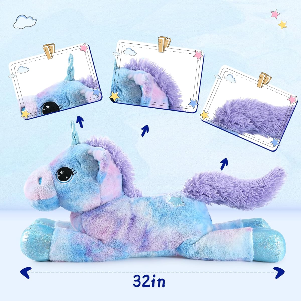 Tezituor 32" Giant Rainbow Blue Unicorn Stuffed Animal Plush Toy Cute Animal Birthday Decoration Gift for Girls & Kids