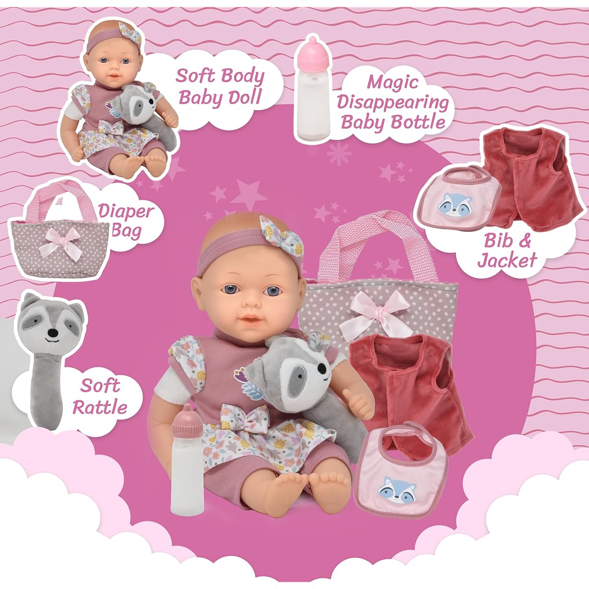Super cute 14 inch baby doll travel carry case set, adorable doll comes dressed in clothes, diaper, headband, includes baby bag, extra jacket, bib, and milk bottle accessories
