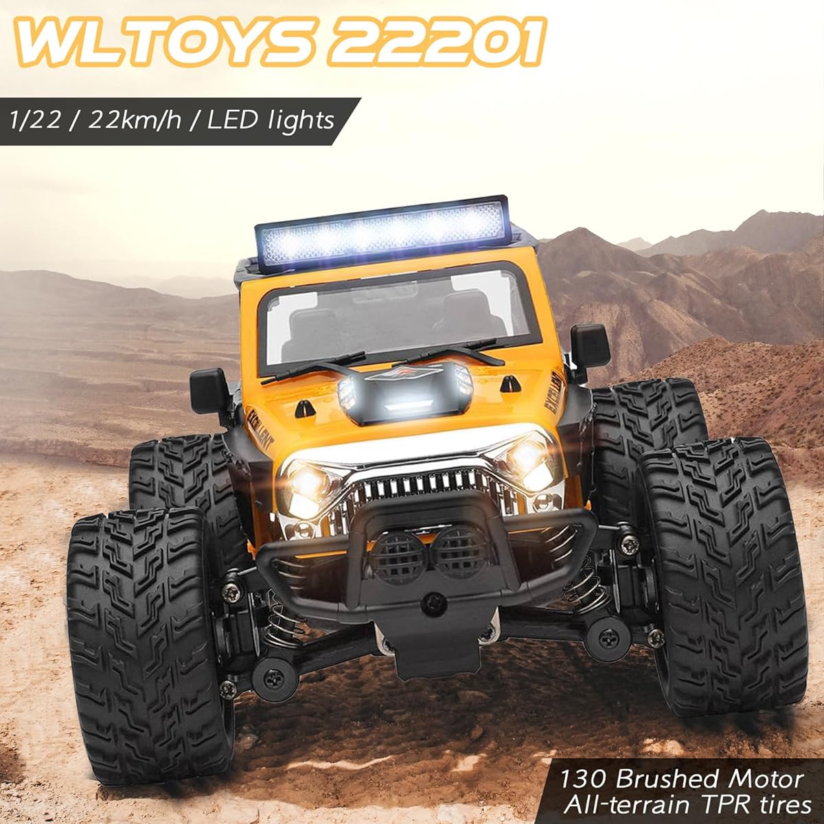 222201 RC Car 1/22 RC Car 22km/h RC Truck Drift RC Car 130 Brush Motor RC Drift Car Yellow 2.4GHz Remote Control Car LED Car