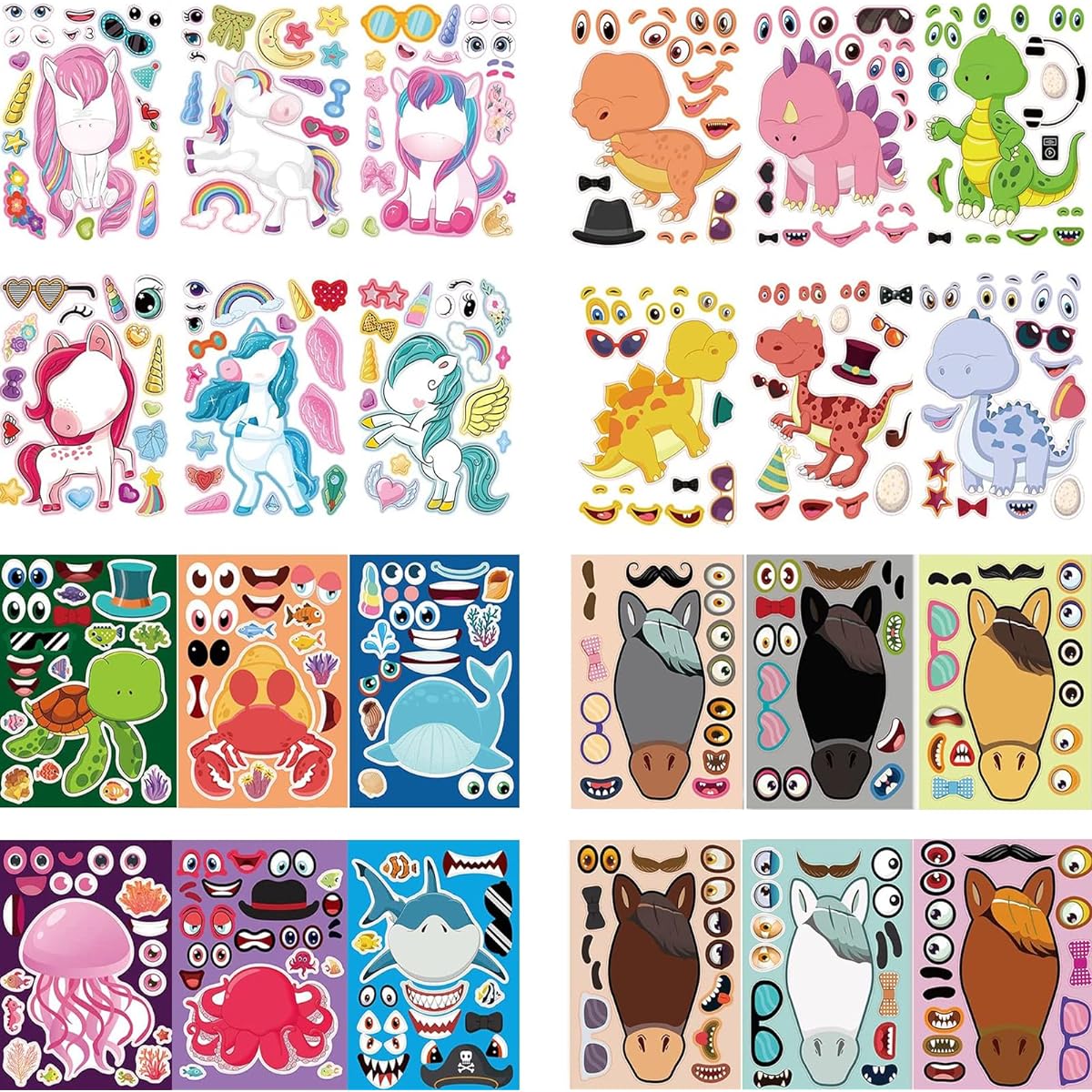 SHANDERBAR DIY Make Your Own Stickers for Kids Toddlers Face Stickers Unicorn Dinosaur Horse Sea Animals Kids Party 24 Sheets 8.27" x 5.9"