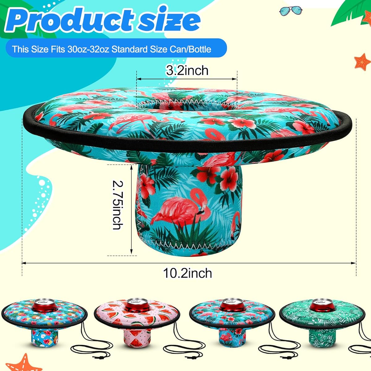 4 Pieces Medium Neoprene Floating Drink Holder Floating Coaster Pool Drink Holder Flamingo Pool Drink Float Floating Cup Holder with 4 Tie Ropes for Hot Tub Pool Party Lake Boat Water Fun